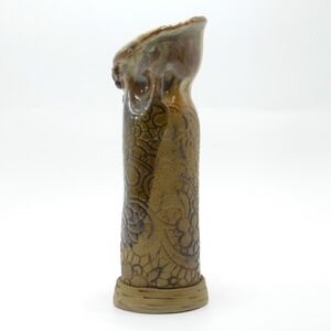 Studio Pottery Lace Impressed Vase 6.5" Brown Tan Vintage 1987 Signed Art